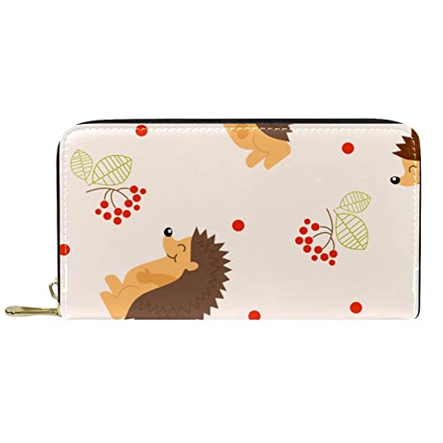 DJNGN Brieftasche Leder Leder Reißverschluss Lange Geldbörse Igel Cartoon Lächelndes Gesicht Braun von DJNGN