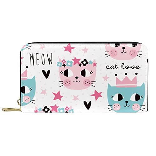DJNGN Brieftasche Leder Leder Reißverschluss Lange Geldbörse Niedliches Cartoon-Katzenkronenmuster von DJNGN