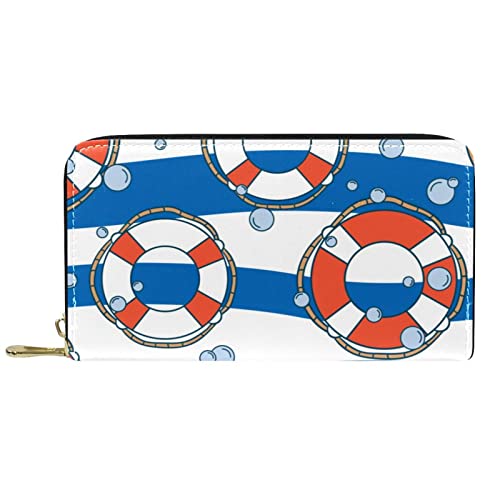 DJNGN Brieftasche Leder Leder Reißverschluss Lange Geldbörse Rettungsring Wasser Blau Weiß Wellen Streifen von DJNGN