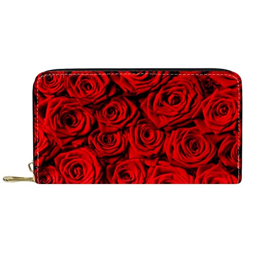 DJNGN Brieftasche Leder Leder Reißverschluss Lange Geldbörse Rote Rose Blumenmuster von DJNGN