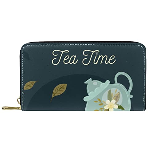 DJNGN Brieftasche Leder Leder Reißverschluss Lange Geldbörse Traditionelle chinesische Teekanne Teetasse von DJNGN