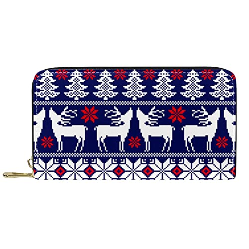 DJNGN Brieftasche Leder Leder Reißverschluss Lange Geldbörse Weihnachten Elch Hirsch Baum BlueStrickmuster von DJNGN
