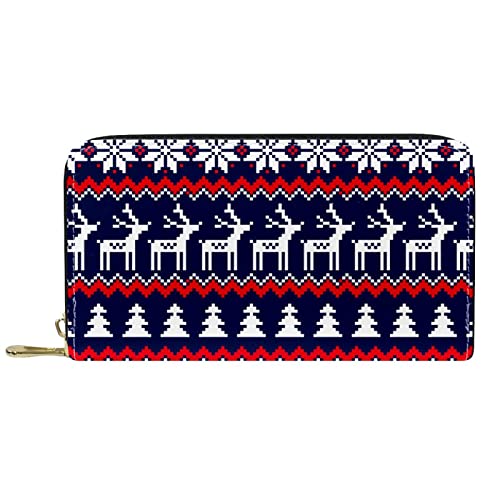 DJNGN Brieftasche Leder Leder Reißverschluss Lange Geldbörse Weihnachten Elch Hirsch Baum BlueStrickmuster von DJNGN