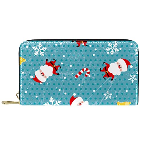 DJNGN Brieftasche Leder Leder Reißverschluss Lange Geldbörse Weihnachten Weihnachtsmann Glocke Schneeflocke Blau Weiß von DJNGN