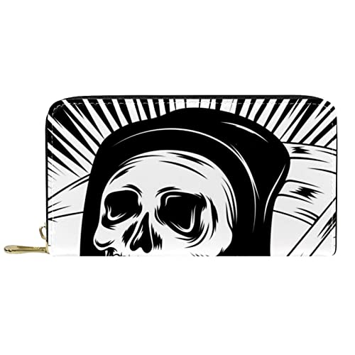 DJNGN Brieftasche aus Leder mit Reißverschluss, Lange Geldbörse, Totenkopf-Illustration von DJNGN