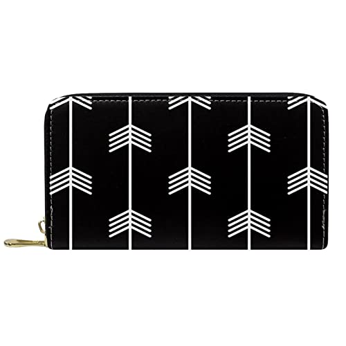 DJNGN Brieftasche für Frauen Clutch Geldbörsen für Frauen Kartenhalter Organizer Leder Geldbörse mit Reißverschluss Weißer Pfeil auf schwarzem Hintergrundmuster von DJNGN