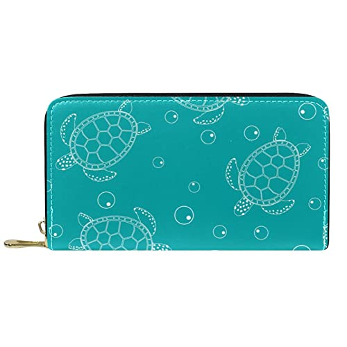 DJNGN Brieftasche für Frauen Clutch Geldbörsen für Frauen Kartenhalter Organizer Leder Reißverschluss Geldbörse Weiß Handgezeichnete Meeresschildkröte Blau von DJNGN