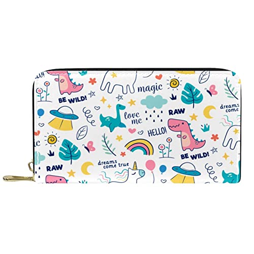 DJNGN Geldbörse Leder Leder Reißverschluss Lange Geldbörse Catoon Dinosaurier & Einhorn-01 von DJNGN