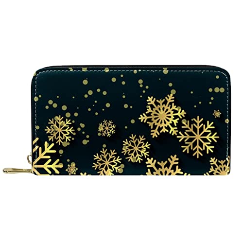 DJNGN Geldbörse Leder Leder Reißverschluss Lange Geldbörse Dunkelgrün Weihnachten Goldene Schneeflocke von DJNGN
