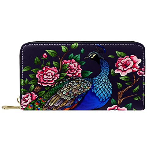 DJNGN Geldbörse Leder Leder Reißverschluss Lange Geldbörse Pfauentier von DJNGN
