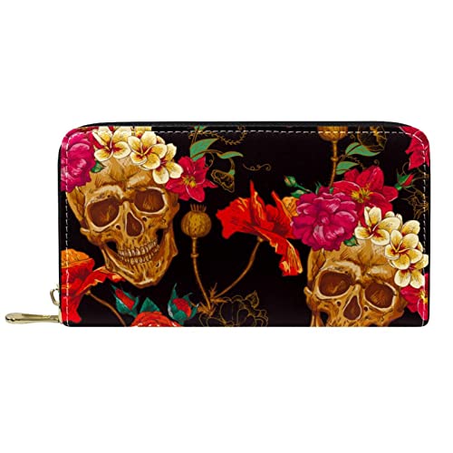 DJNGN Geldbörse Leder Leder Reißverschluss Lange Geldbörse Rose Skull von DJNGN