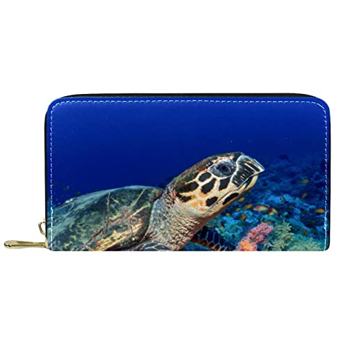 DJNGN Geldbörse Leder Leder Reißverschluss Lange Geldbörse Sea Turtle Underwater von DJNGN