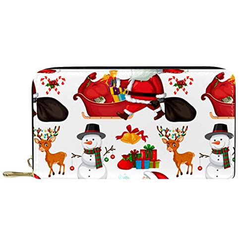 DJNGN Geldbörse Leder Leder Reißverschluss Lange Geldbörse Weihnachten Weihnachtsmann Elch Schneemann Hirsch Muster von DJNGN