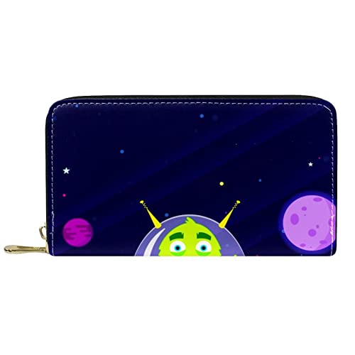 DJNGN Geldbörse für Frauen Clutch Geldbörsen für Frauen Kartenhalter Organizer Leder Geldbörse mit Reißverschluss Blau Weltraum Alien von DJNGN