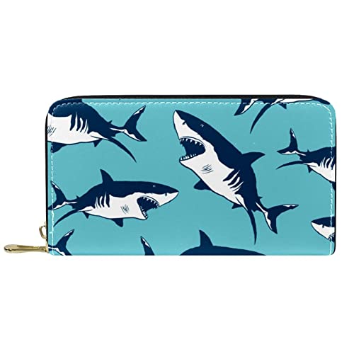 DJNGN Geldbörse für Frauen Clutch Geldbörsen für Frauen Kartenhalter Organizer Leder Reißverschluss Geldbörse Fierce Sharks Marineblauer Hintergrund von DJNGN