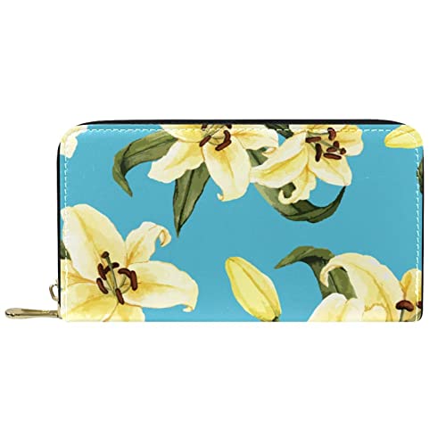 DJNGN Geldbörse für Frauen Clutch Geldbörsen für Frauen Kartenhalter Organizer Leder Reißverschluss Geldbörse Handgezeichnete Lilie Blume Blauer Hintergrund von DJNGN