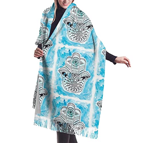 DJNGN Hamsa Hand of Fatima Good Luck Symbol Blue Cashmere Scarf for Women Men Lightweight Unisex Fashion Soft Winter Scarves Fringe Shawl Wraps von DJNGN
