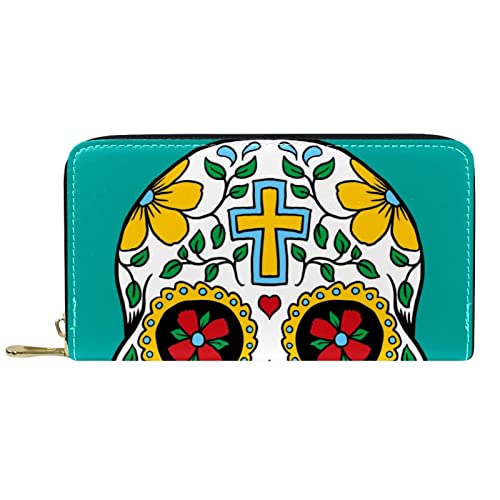 DJNGN Portemonnaie Leder Leder Reißverschluss Lange Geldbörse Bunter Totenkopf von DJNGN