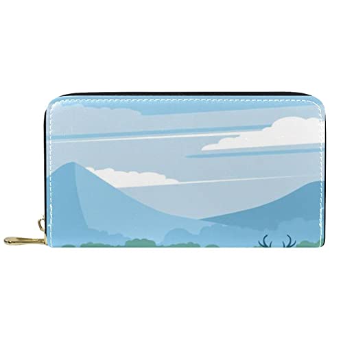 DJNGN Portemonnaie Leder Leder Reißverschluss Lange Geldbörse Hirschlandschaft von DJNGN