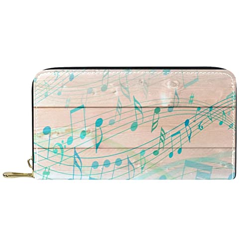 DJNGN Portemonnaie Leder Leder Reißverschluss Lange Geldbörse Holzbrett Musiknote Blau von DJNGN