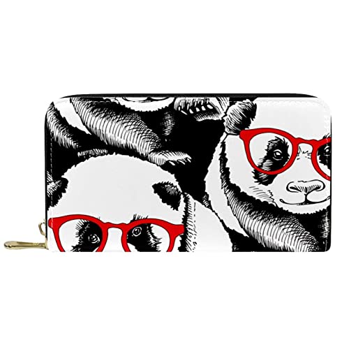 DJNGN Portemonnaie Leder Leder Reißverschluss Lange Geldbörse Niedlicher Panda mit roter Sonnenbrille von DJNGN