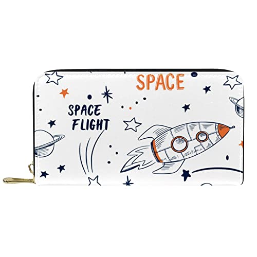 DJNGN Portemonnaie Leder Leder Reißverschluss Lange Geldbörse Rockets Outer Space Weiß von DJNGN