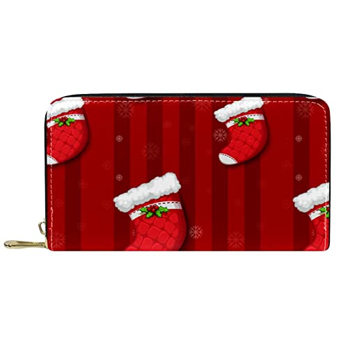 DJNGN Portemonnaie Leder Leder Reißverschluss Lange Geldbörse Rote Weihnachtsstrümpfe Muster von DJNGN