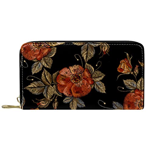 DJNGN Portemonnaie Leder Leder Reißverschluss Lange Geldbörse Stickerei Sugar Skull Rose Print von DJNGN