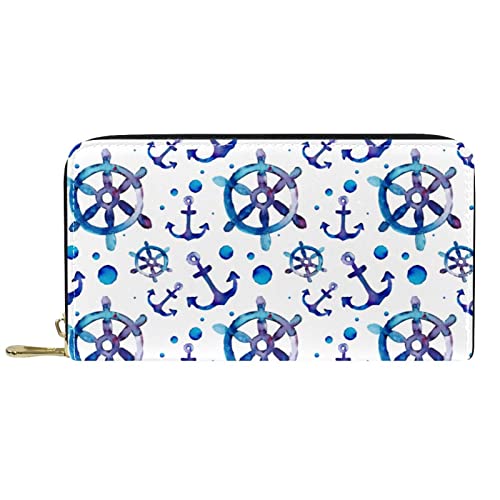 DJNGN Portemonnaie Leder Leder Reißverschluss Lange Geldbörse Wasserfarbe Blau Ruder Anker von DJNGN