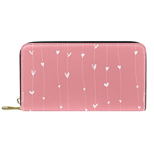 DJNGN Portemonnaie Leder Leder Reißverschluss Lange Geldbörse Weiße Herzen auf Rosa von DJNGN