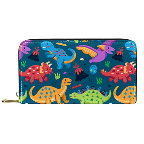 DJNGN Portemonnaie aus Leder mit Reißverschluss, Lange Geldbörse, buntes Muster, Hintergrund, Dinosaurier von DJNGN