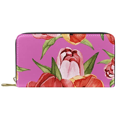 DJNGN Portemonnaie aus Leder mit Reißverschluss, Lange Geldbörse, rotes Tulpenblumenmuster von DJNGN