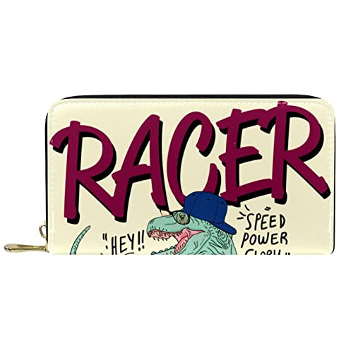 DJNGN Portemonnaie aus Leder mit langem Reißverschluss aus Leder Racer Dinosaurier auf einem Motorrad von DJNGN