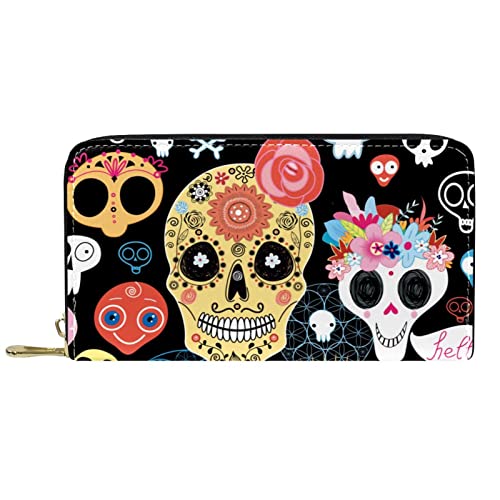 DJNGN Portemonnaie aus Leder mit langem Reißverschluss aus Leder Totenkopfmuster von DJNGN