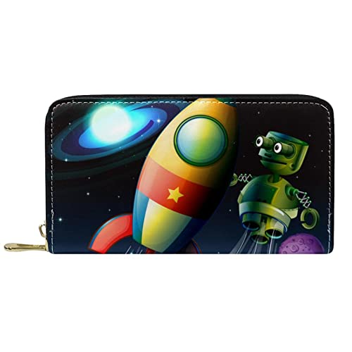 DJNGN Portemonnaie aus Leder mit langem Reißverschluss aus Leder Weltraumrakete und Roboter von DJNGN