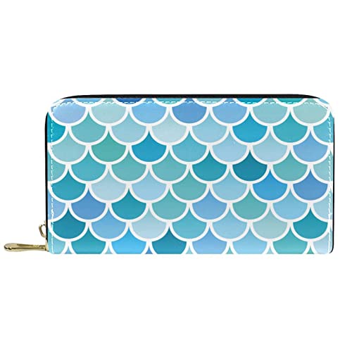 DJNGN Portemonnaie aus Leder mit langem Reißverschluss aus Leder mit blauem Meerjungfrauen-Skalenmuster von DJNGN