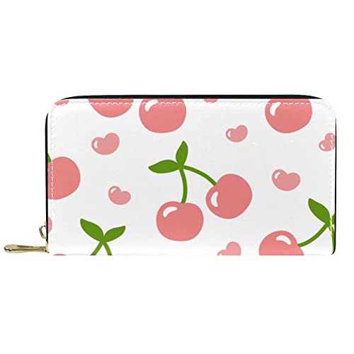 DJNGN Portemonnaie aus Leder mit langem Reißverschluss aus Leder mit rosa Kirschmuster von DJNGN