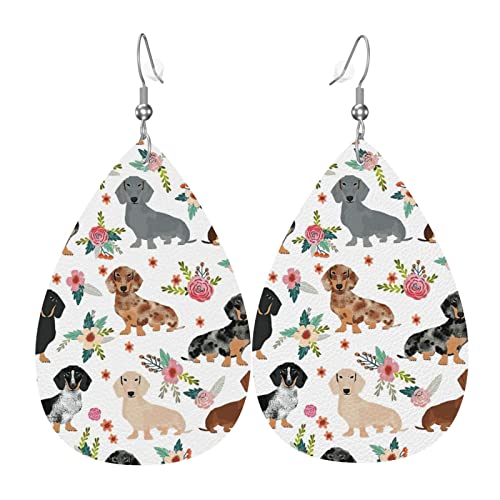 Dackel Hund mit Blumen Leder Ohrringe für Frauen baumeln Ohrring Tropfen Anhänger mit Haken Geschenke für Erwachsene Mädchen von DJNGN