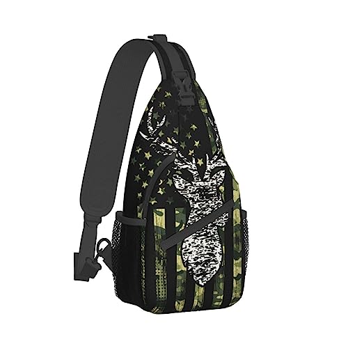 Damen kompatibel mit Deer Camo Camouflage American Flag Hunting Black Shoulder Chest Sling Bags Rucksäcke Fashion Casual Pack Umhängetaschen Daypack Mehrzweck für Reisen im Freien Laufen von DJNGN