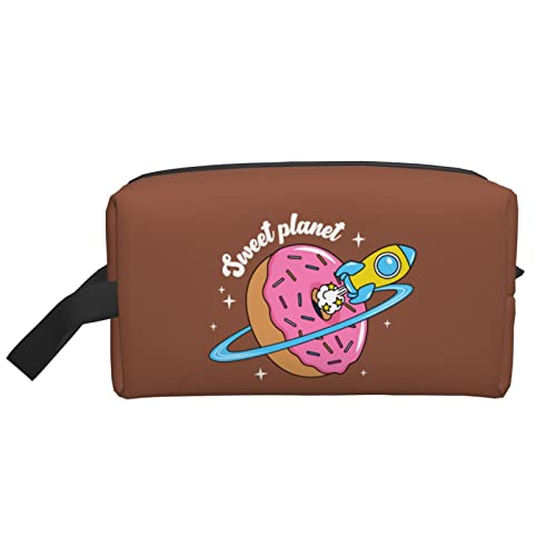 Donuts and Rockets Brown Makeup Bag Travel Toiletries Makeup Organizer Travel Large Capacity Portable Travel Cosmetic Bags for Women Girls von DJNGN