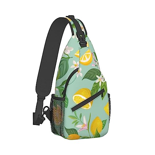 Elegante Brust-Umhängetasche, kompatibel mit tropischen Früchten, Minzgrün, Blättern, Blumen, Aquarell, Zitrone, Sling-Schulterrucksack für Frauen, verstellbarer und bequemer Turnbeutel, Wander-Tagesr von DJNGN