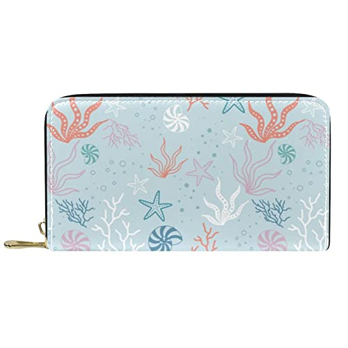 DJNGN Geldbörse Leder Leder Lange Geldbörse mit Reißverschluss Wasserfarbe Algen Koralle Weiß Blau Muschel von DJNGN