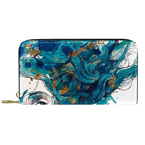DJNGN Geldbörse Leder Leder Reißverschluss Lange Geldbörse Aquarell Abstraktes Mädchen von DJNGN