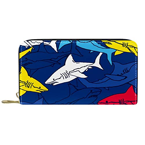 DJNGN Geldbörse Leder Leder Reißverschluss Lange Geldbörse Blau Marine Gelb Rot Haie Muster von DJNGN