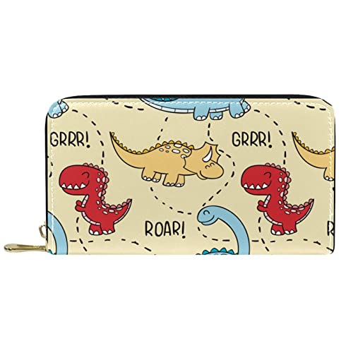 DJNGN Geldbörse Leder Leder Reißverschluss Lange Geldbörse Handgezeichnetes Dinosaurier-Muster von DJNGN