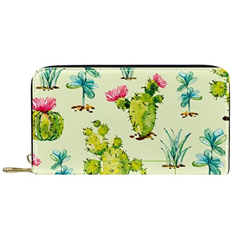DJNGN Geldbörse Leder Leder Reißverschluss Lange Geldbörse Pflanzen Grün Kaktus Muster Bloomming von DJNGN