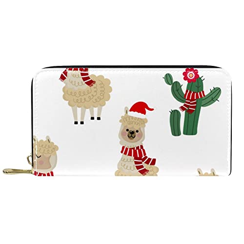 DJNGN Geldbörse Leder Leder Reißverschluss Lange Geldbörse Weihnachten Alpaka Kaktus Süßes Cartoon Lama von DJNGN