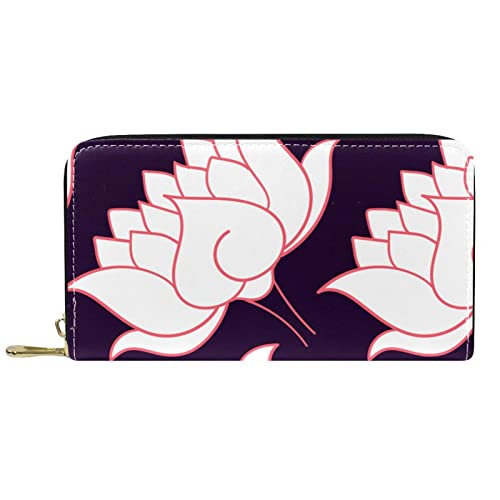DJNGN Geldbörse Leder Leder Reißverschluss Lange Geldbörse handgezeichnetes botanisches Lotusblumenmuster von DJNGN