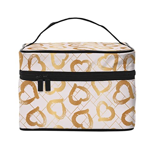 Glänzende goldene Herzen Make-up-Tasche Reise-Kosmetiktasche für Frauen Mädchen Große Make-up-Organizer-Tasche Tragbare Kulturtasche Reise Lila Weiß von DJNGN