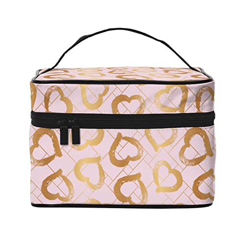 Make-up-Tasche mit leuchtenden goldenen Herzen, Reise-Kosmetiktasche für Frauen und Mädchen, große Make-up-Organizer-Tasche, tragbare Kulturtasche für Reisen, Pink von DJNGN